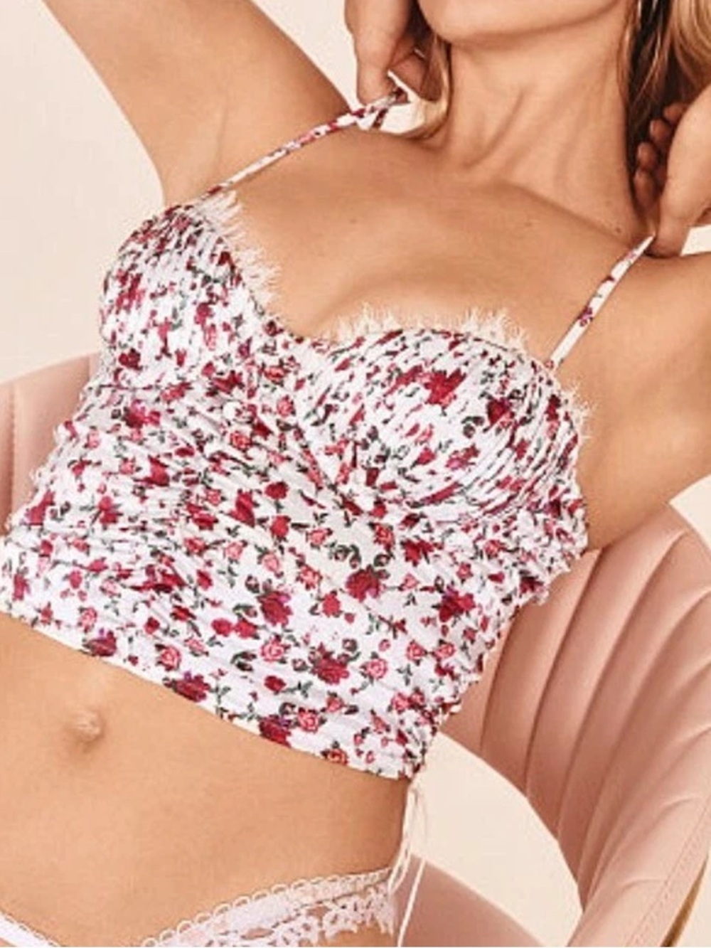 VS For Love And Lemons - Melrose Pleated Longline Bralette - White Floral